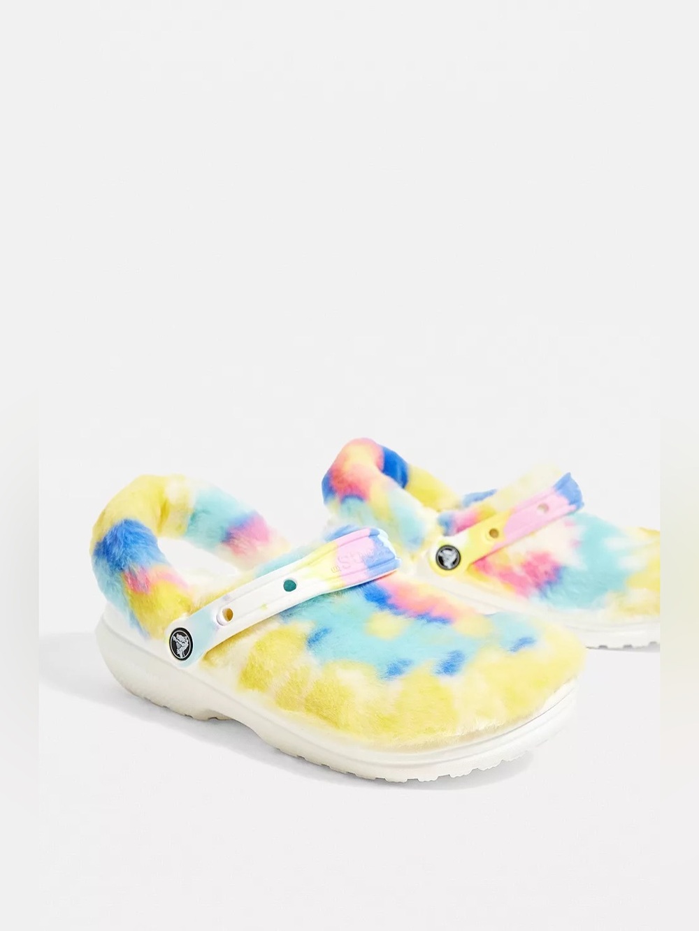NWT Crocs Fur Sure Multi & White Classic Lined Cozy Fuzz Sandals tie dye SZ 6 W
